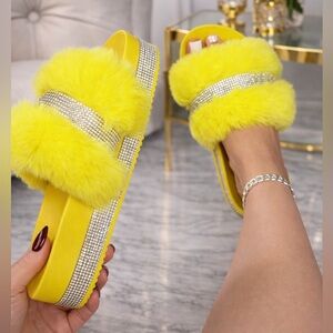 Yellow Furry Slides with Rhinestone Accents
